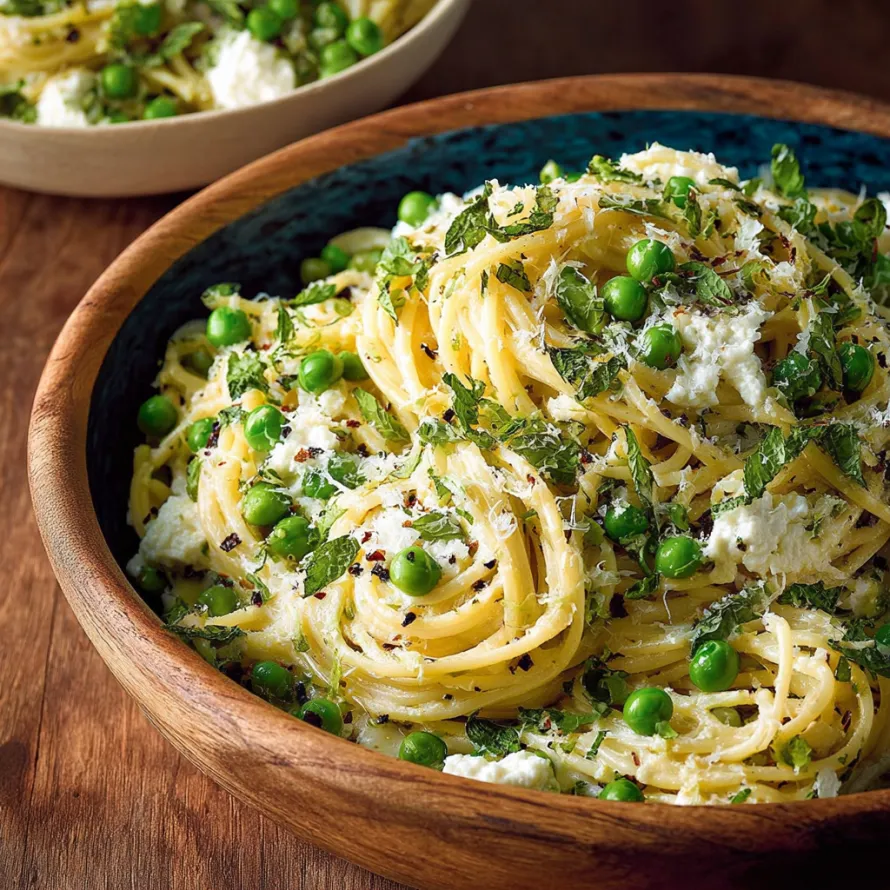 A bowl of spaghetti with goat cheese, mint, and peas.