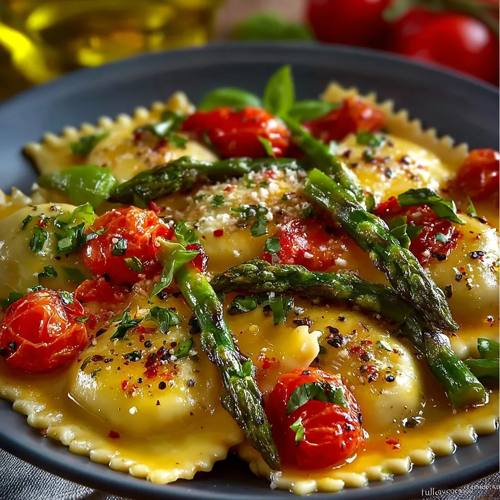 Ravioli with Asparagus, Tomatoes, Herbs, and Garlic