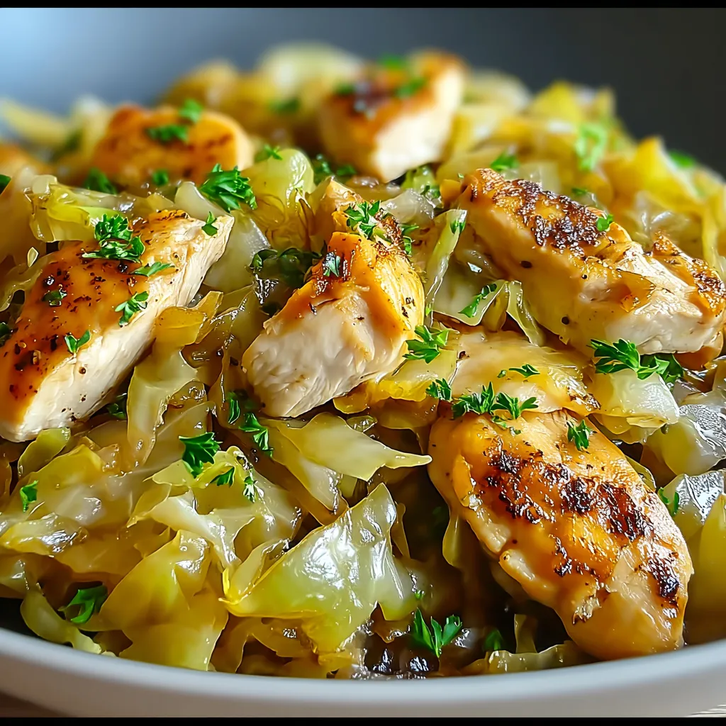A plate of sautéed garlic cabbage with tender chicken.