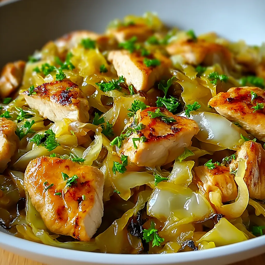 A bowl of sautéed garlic cabbage with tender chicken.