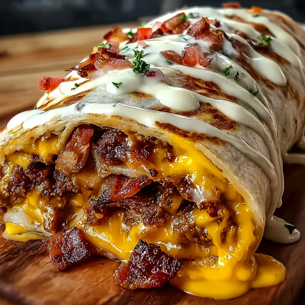 Loaded Bacon Cheeseburger Burrito covered in Creamy Cheese Sauce
