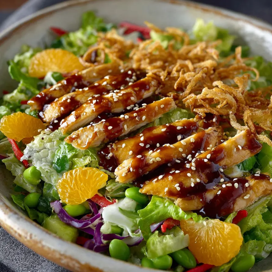 A bowl of chicken salad with orange slices and sesame seeds.