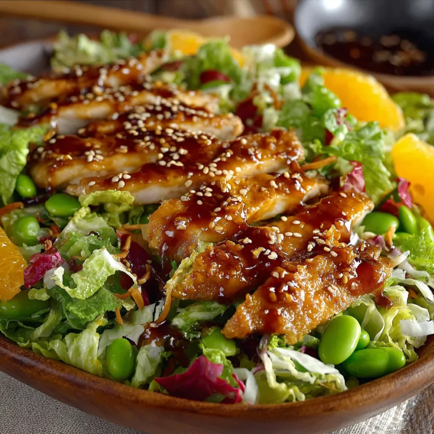 A bowl of salad with chicken and teriyaki sauce.