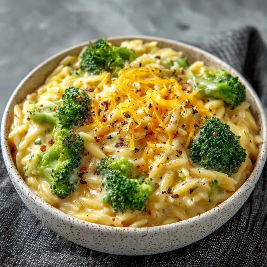 A bowl of creamy broccoli cheddar orzo.