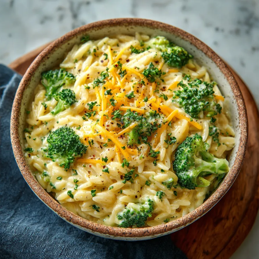 A bowl of creamy broccoli cheddar orzo.