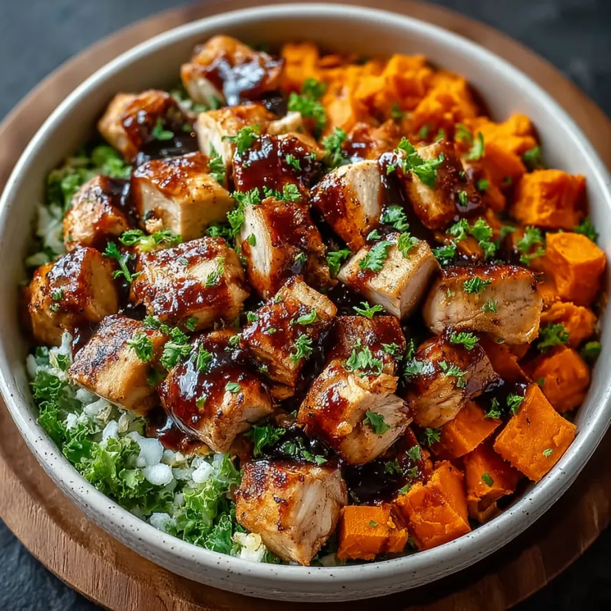 A bowl of BBQ chicken and sweet potatoes.