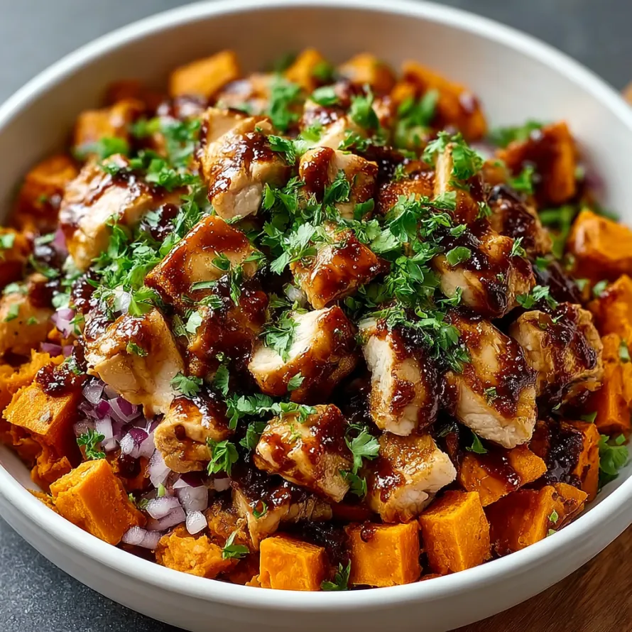 A bowl of BBQ chicken and sweet potatoes.