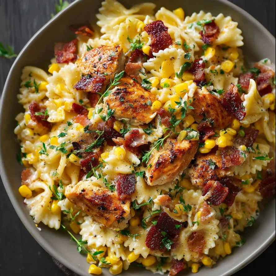 A bowl of creamy chicken and corn pasta with bacon.