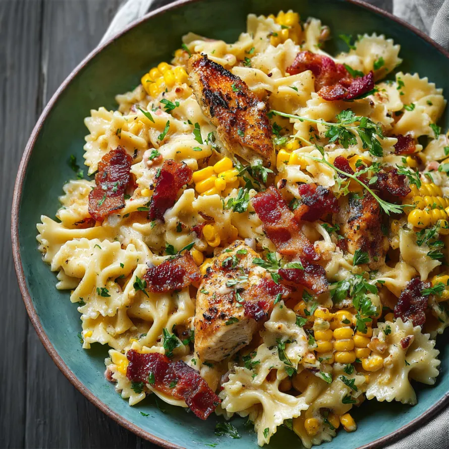 A bowl of creamy chicken and corn pasta with bacon.