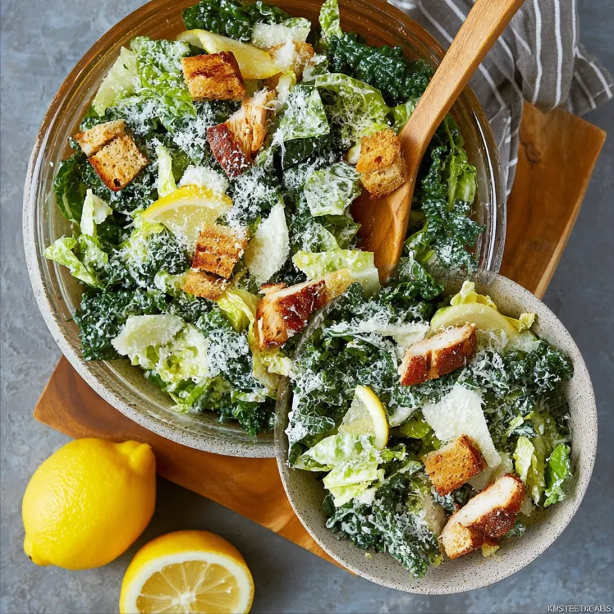 A bowl of salad with lemon, kale, and chicken.
