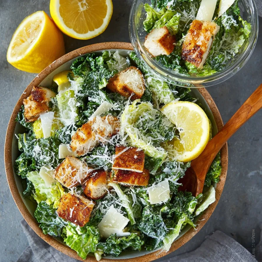 A bowl of lemon kale caesar salad.