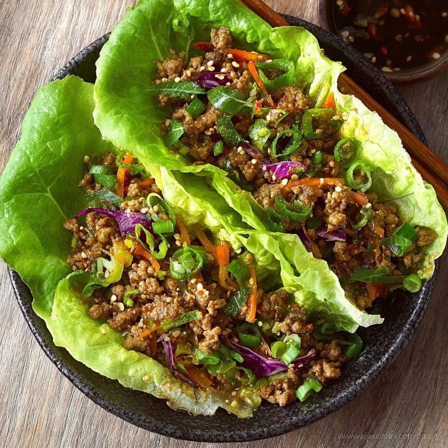 A bowl of lettuce wraps with meat and vegetables.