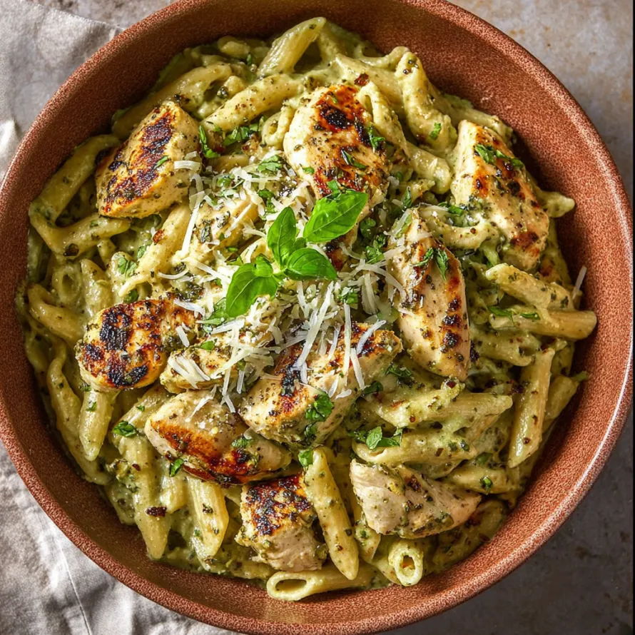A bowl of creamy chicken pesto pasta.