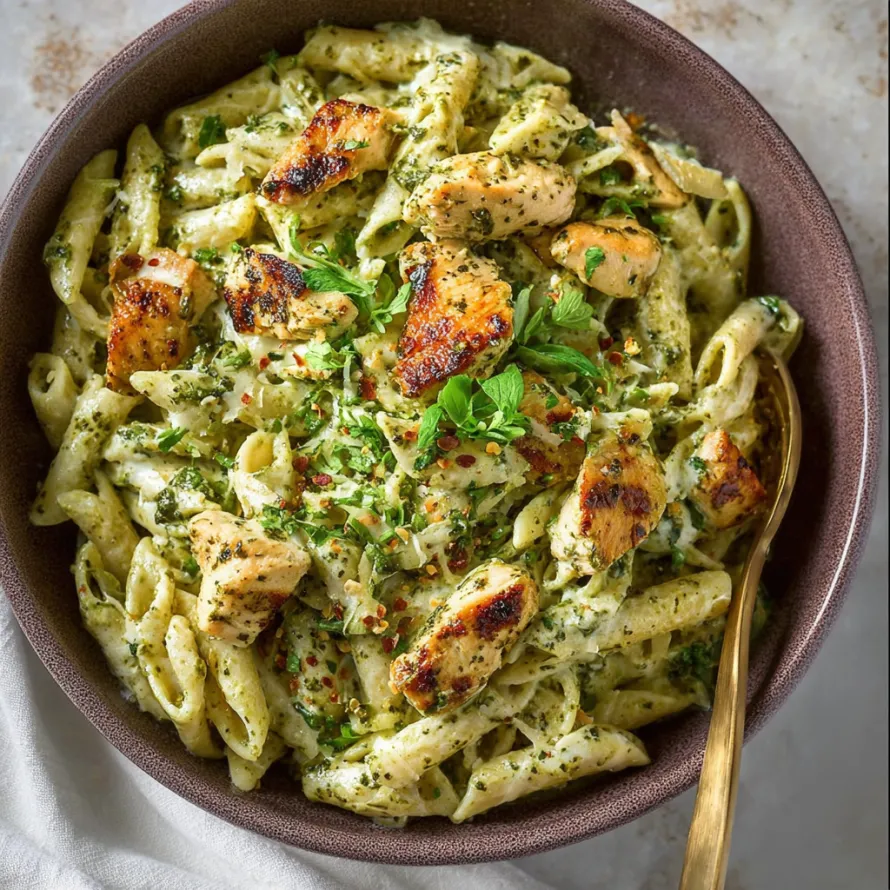 A bowl of creamy chicken pesto pasta.