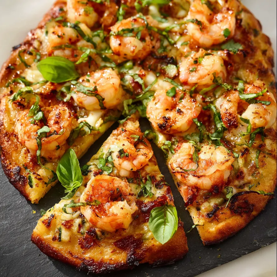 A slice of pizza with shrimp on it.