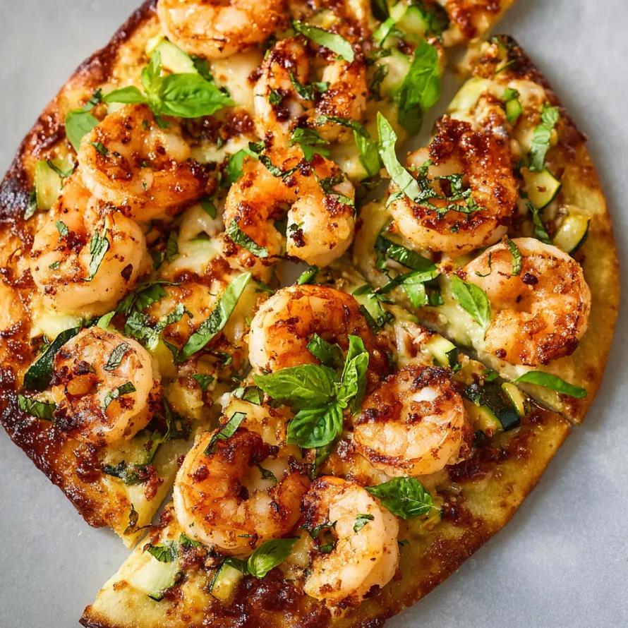 A slice of pizza with shrimp and vegetables.