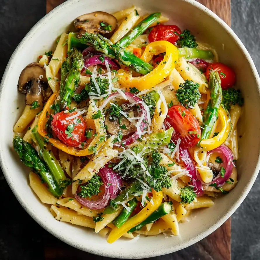 A bowl of pasta primavera with mushrooms, tomatoes, and broccoli.