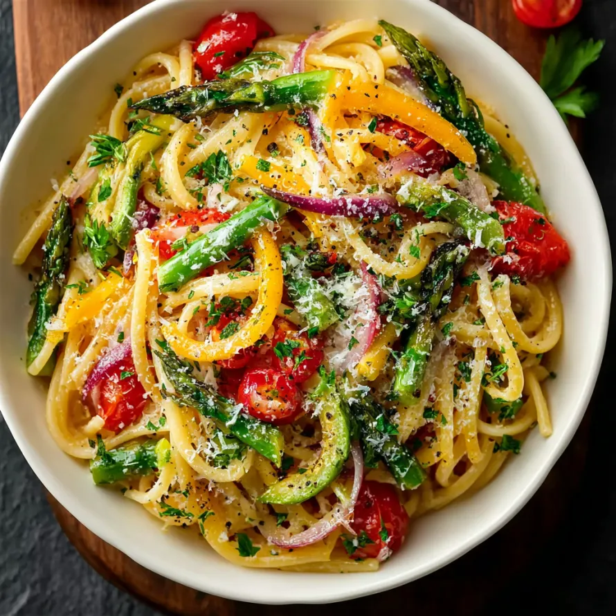 A bowl of pasta primavera with tomatoes, peppers, and onions.