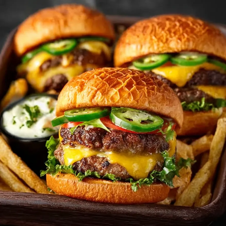 A plate of Southwest Burger with jalapenos and lettuce.