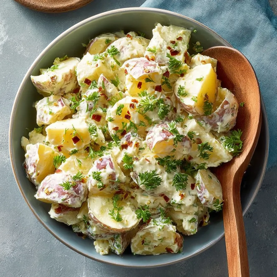 A bowl of red potato salad.