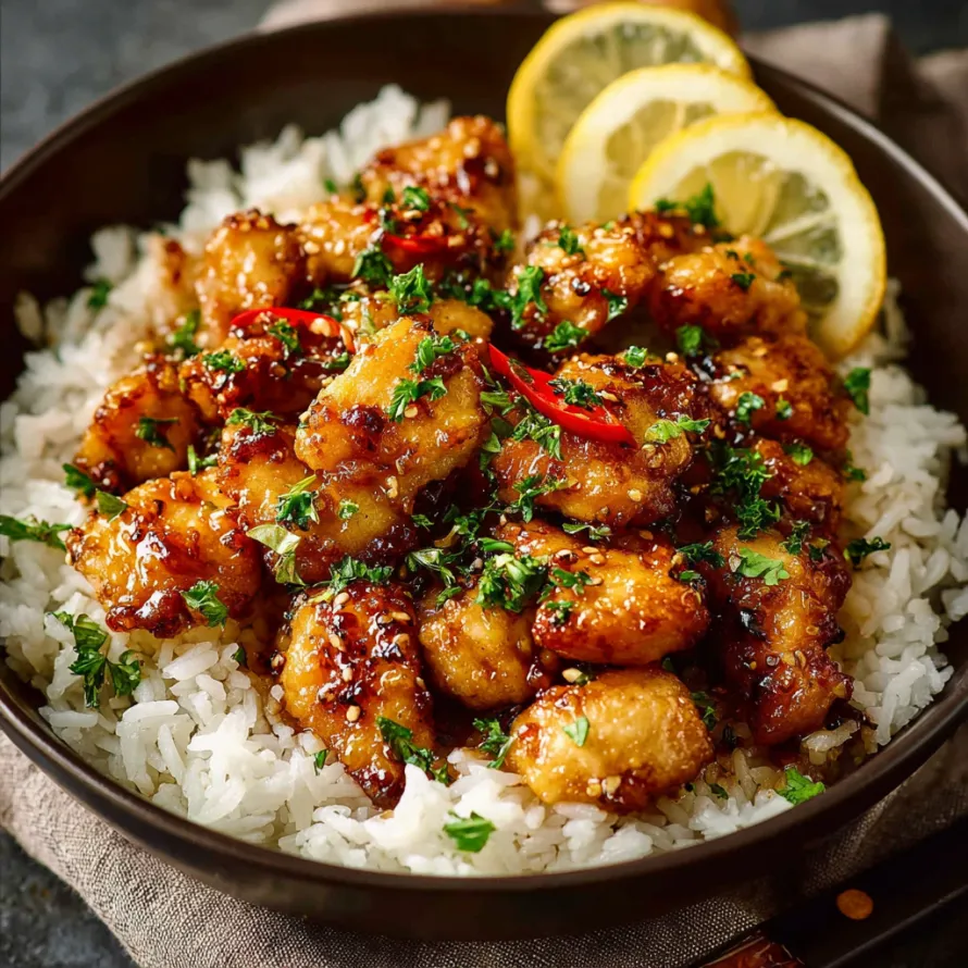A bowl of honey chicken with rice and lemon wedges.