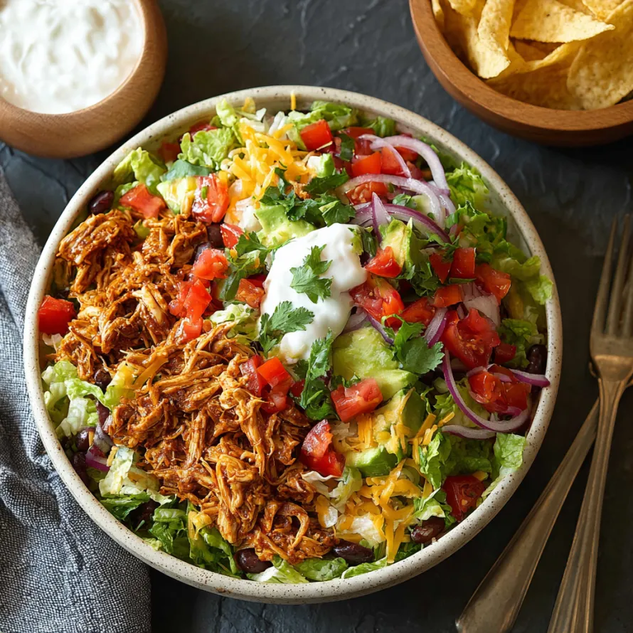 A bowl of shredded chicken taco salad.