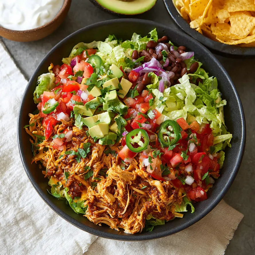 A bowl of shredded chicken taco salad.