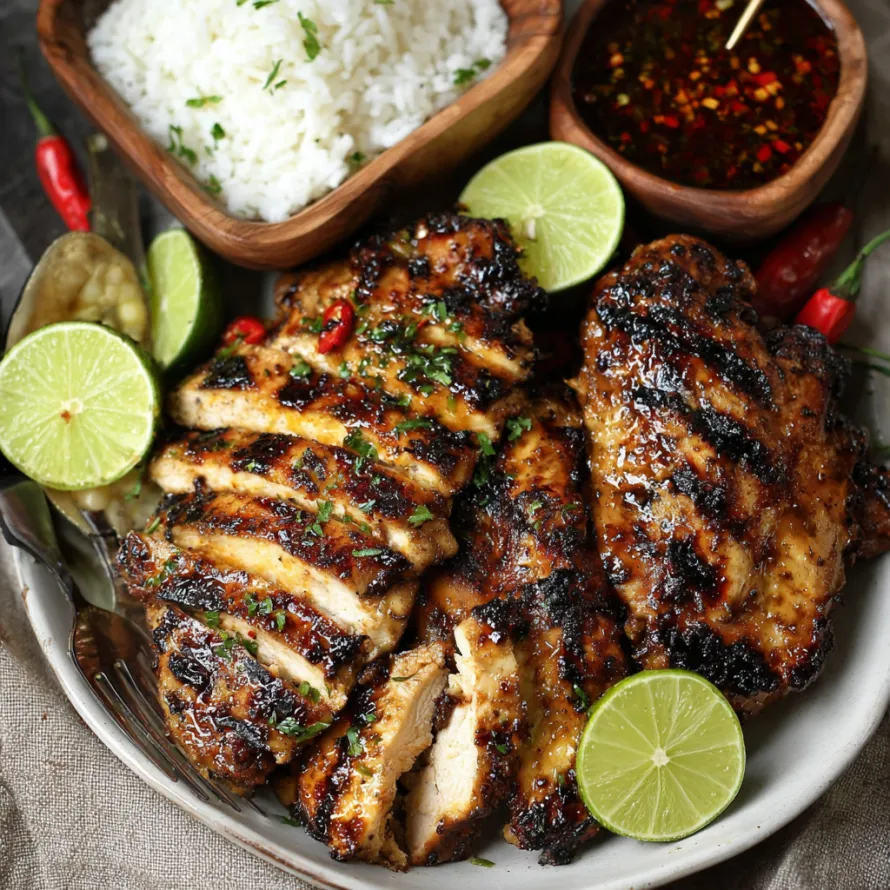 A plate of Sweet Chili Chicken with rice and lime wedges.