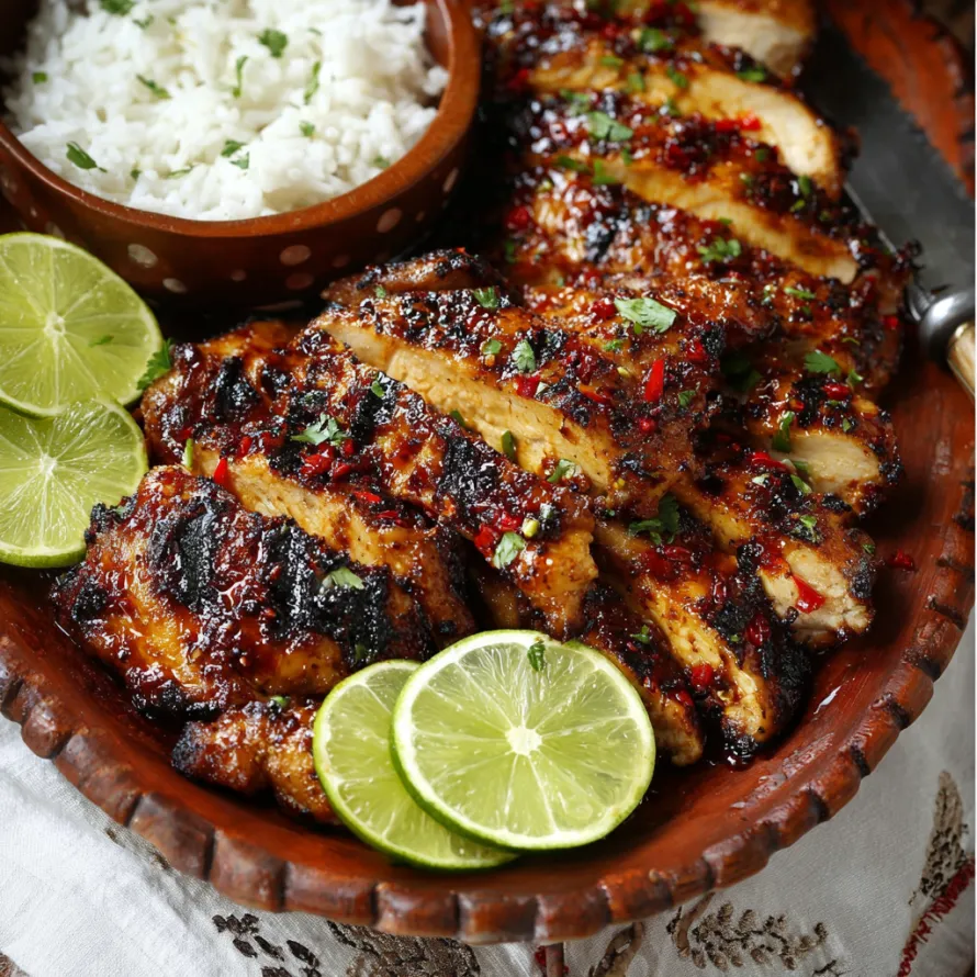 A plate of sweet chili chicken with rice and lime wedges.
