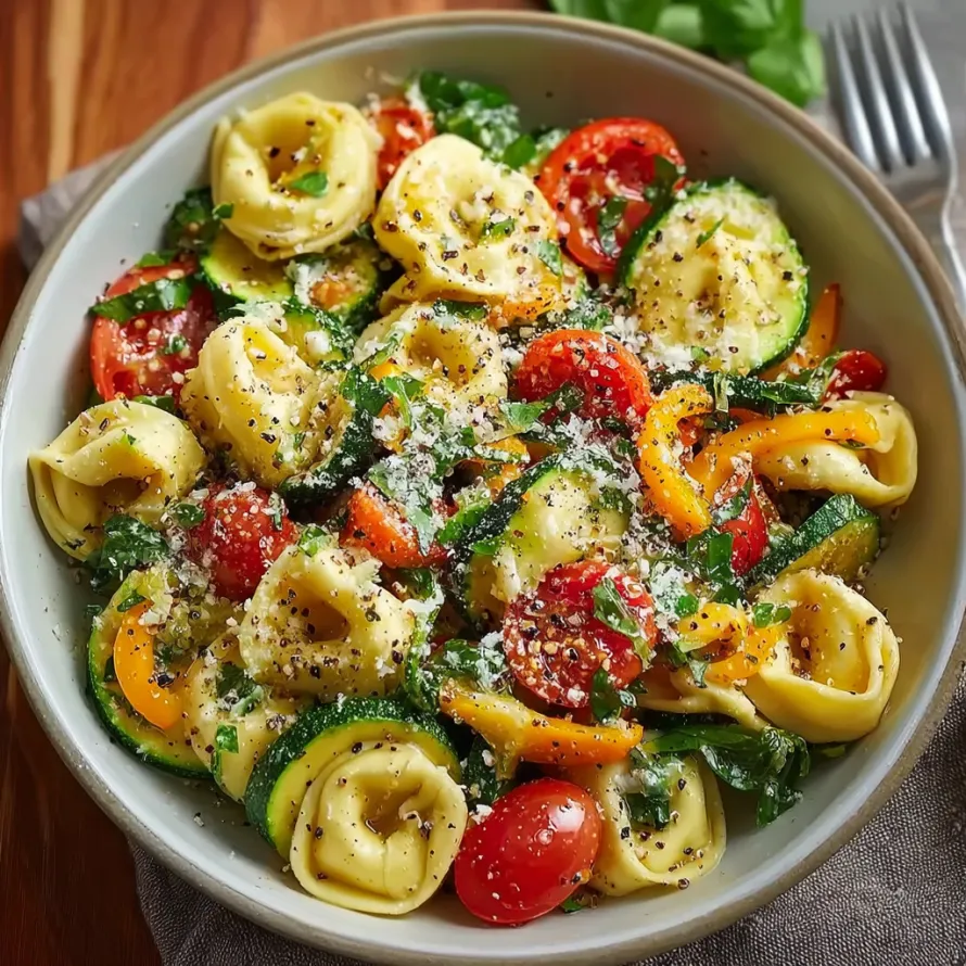 A bowl of pasta with tomatoes, zucchini, and basil.