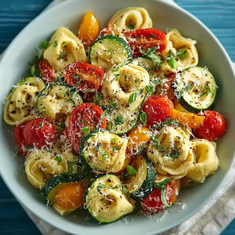 A bowl of pasta with tomatoes, zucchini, and basil.