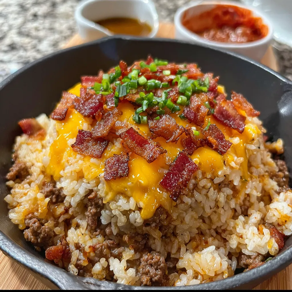 A bowl of rice with bacon and cheese on top.