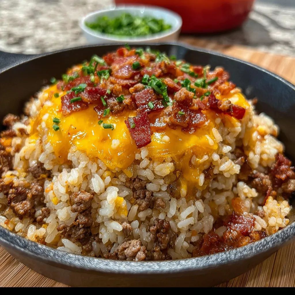 A plate of rice with bacon cheeseburger on top.
