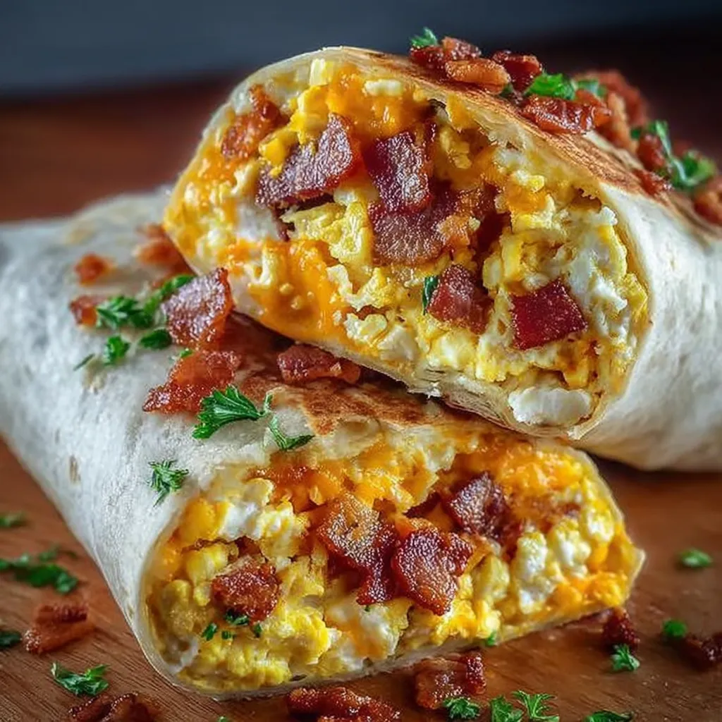 A breakfast burrito with bacon, egg and cheese.