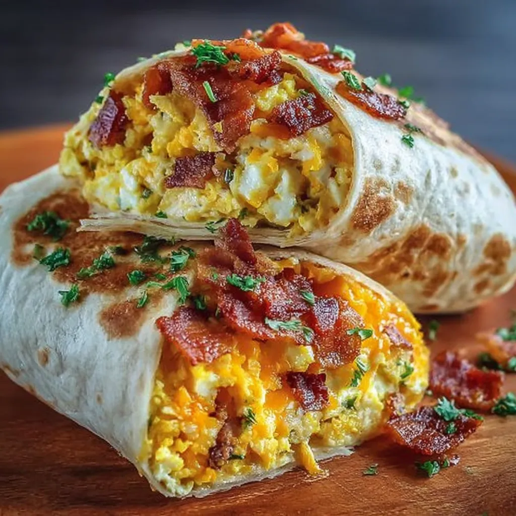 A breakfast burrito with bacon, eggs, and cheese.
