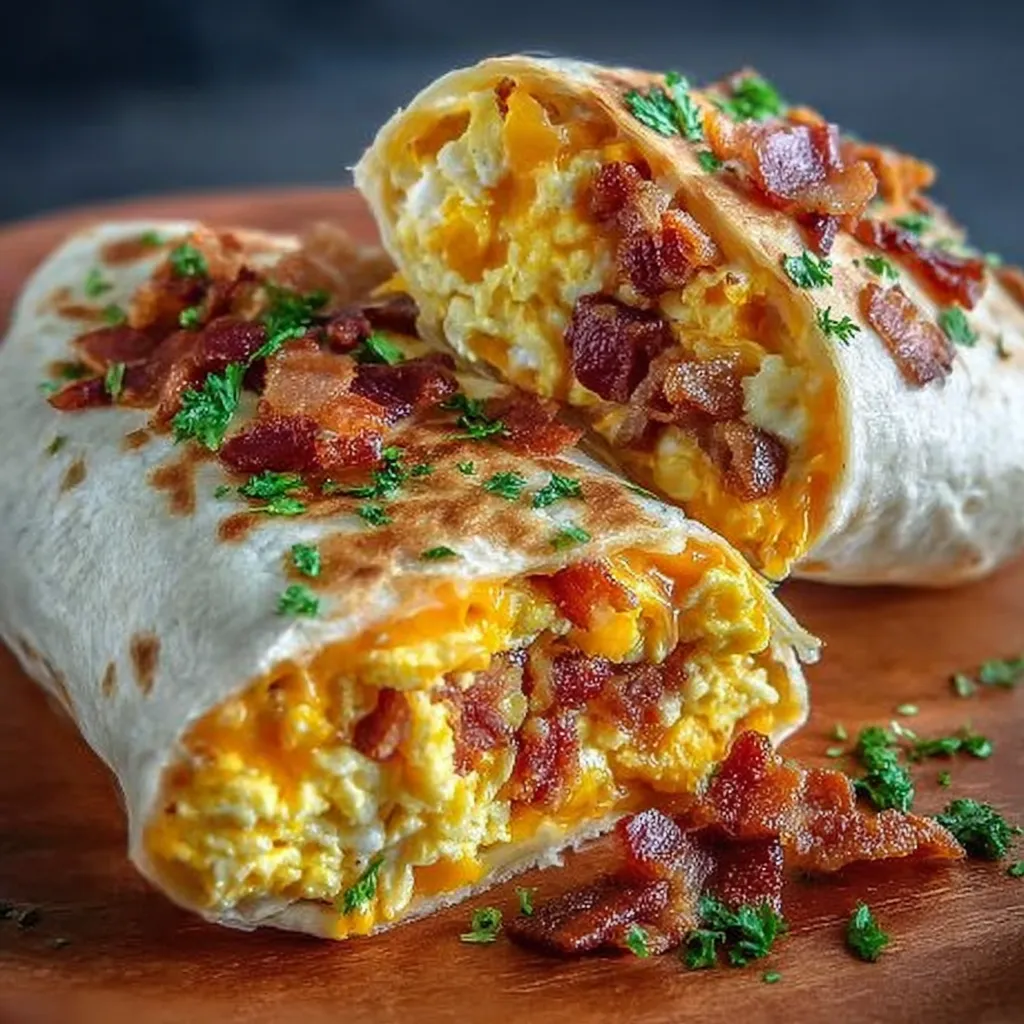 A breakfast burrito with bacon, egg and cheese.