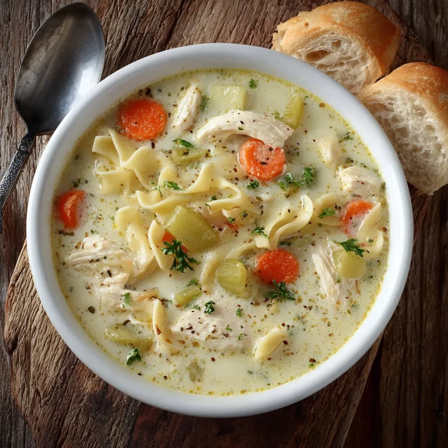 A bowl of creamy chicken noodle soup.