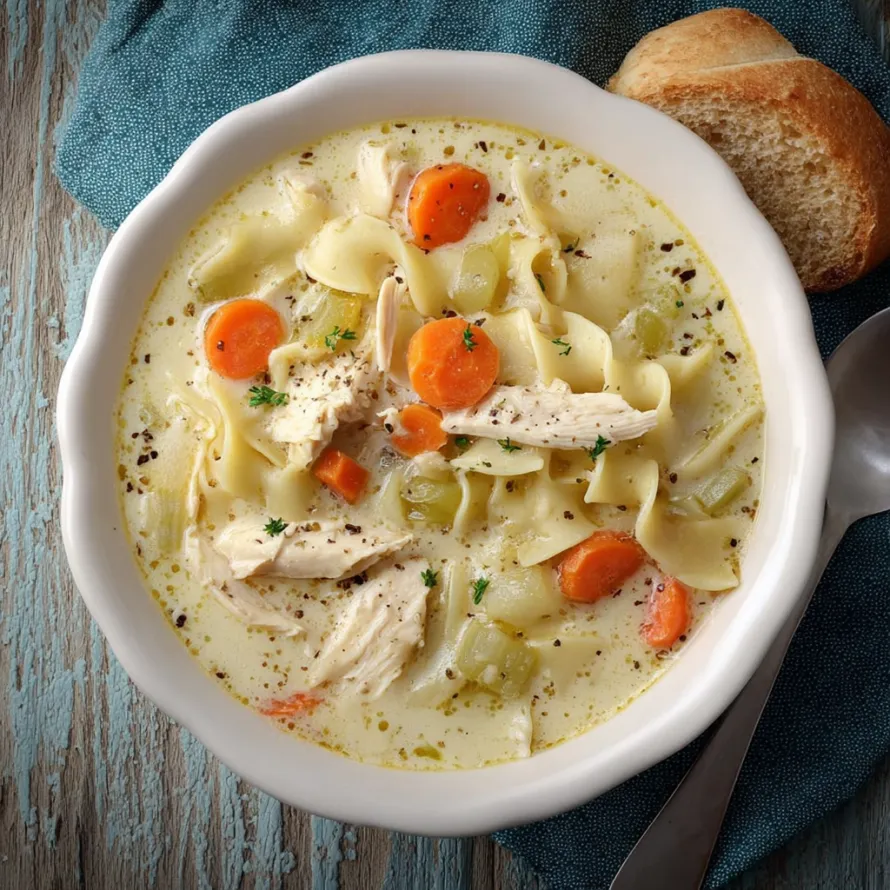 A bowl of creamy chicken noodle soup.
