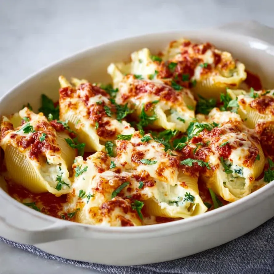 A dish of stuffed shells with cheese and sauce.