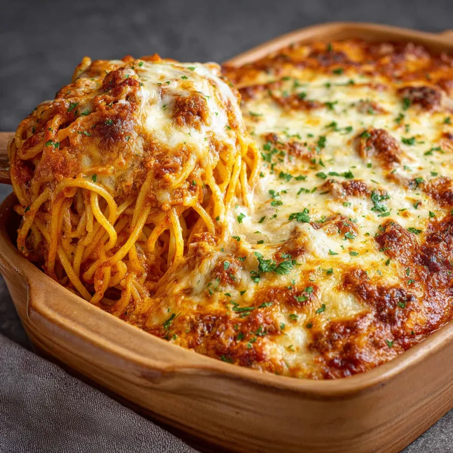 A baked spaghetti dish with meat and cheese.