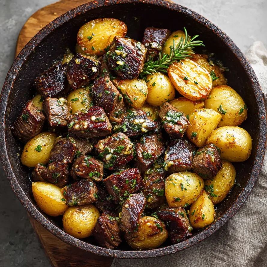 A bowl of meat and potatoes.