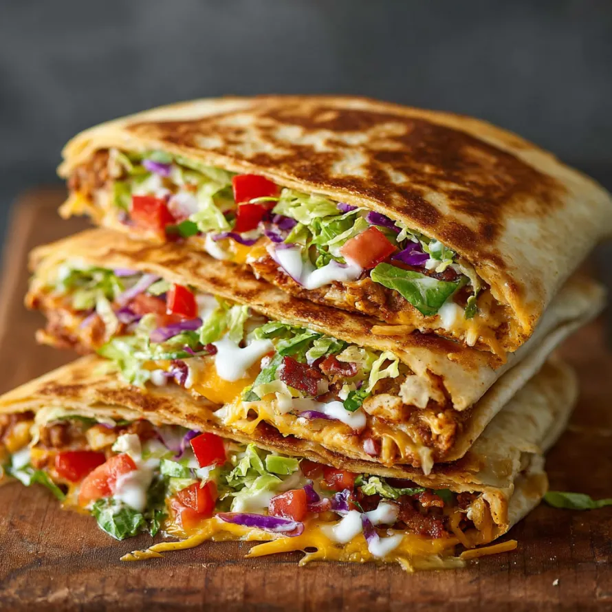 A homemade crunch wrap supreme is cut in half and placed on a table.