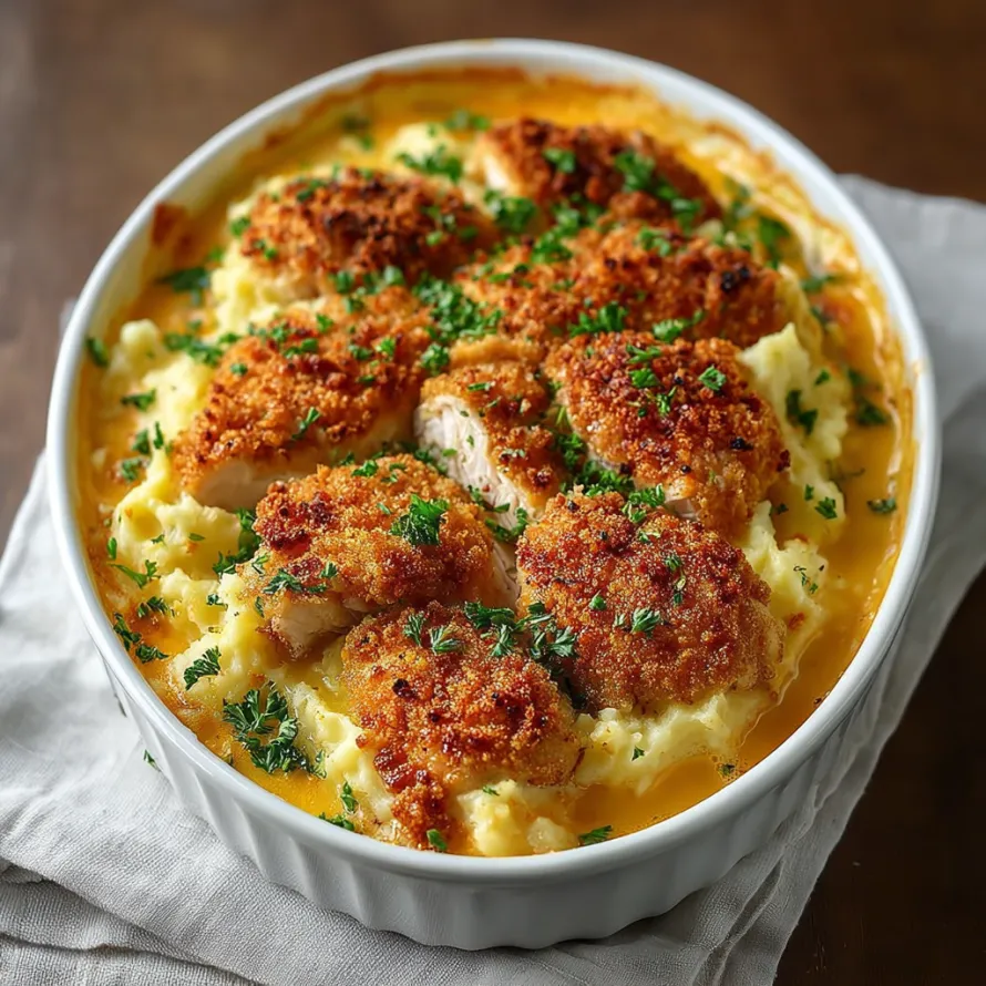 A white bowl filled with a mashed potato casserole and crispy chicken.