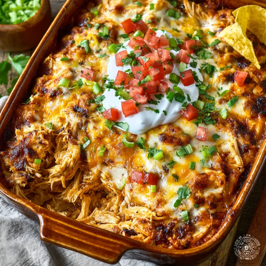 A delicious Mexican chicken casserole with tomatoes, cheese, and sour cream.