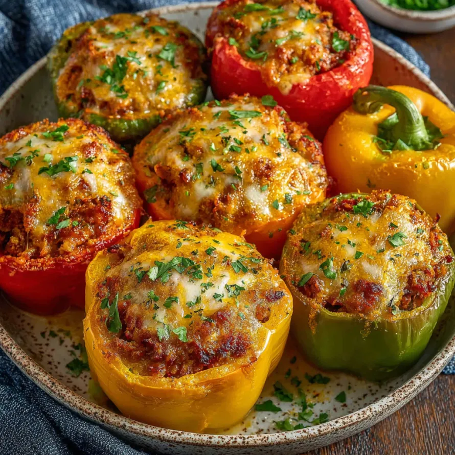 A plate of stuffed bell peppers with cheese and meat.