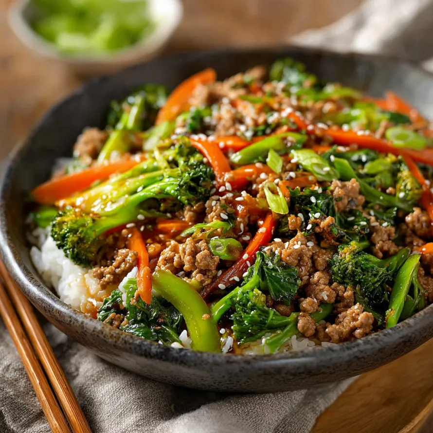 A bowl of ground turkey teriyaki stir fry.