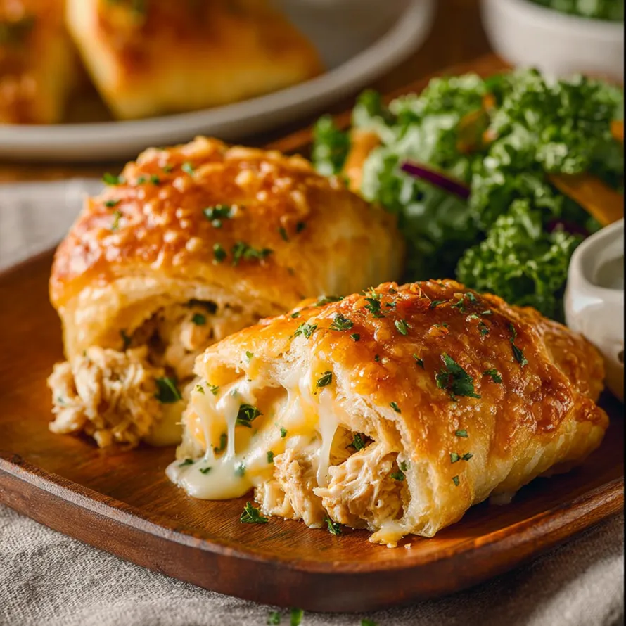 A cheesy chicken crescent roll bake on a wooden platter.