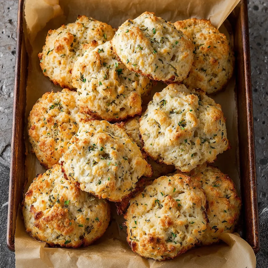 A tray of biscuits with herbs on top.