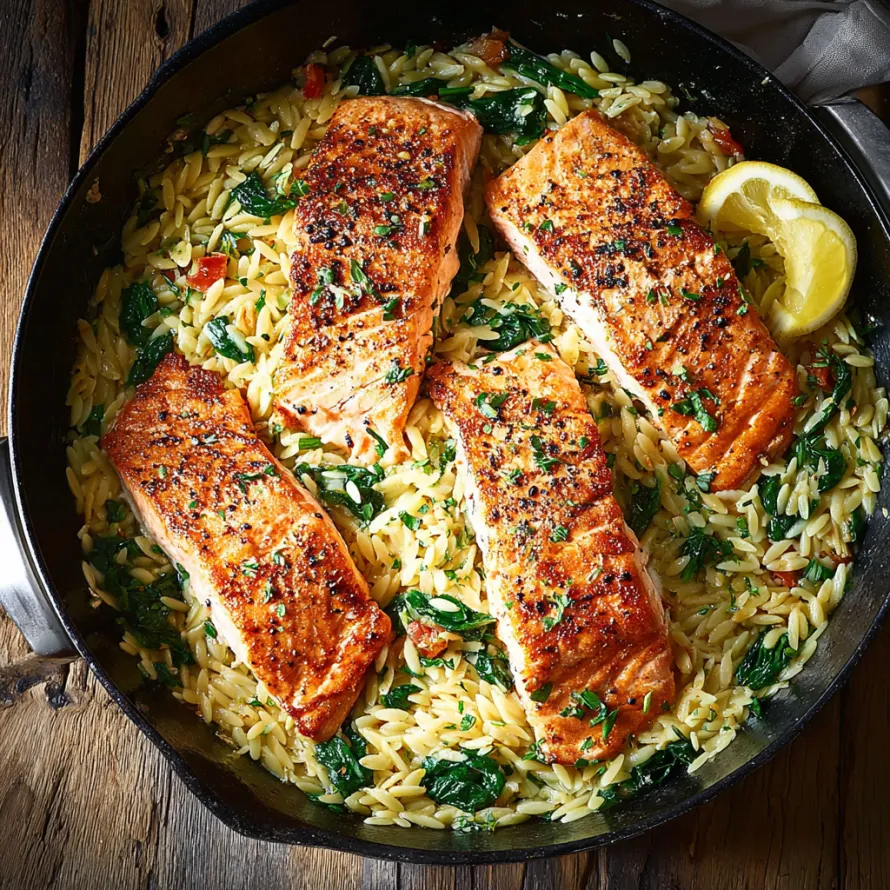 A skillet of salmon with rice and lemon.