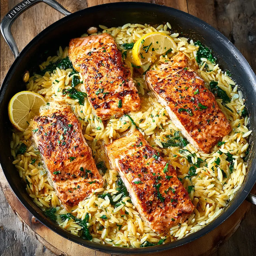 A skillet of salmon with rice and lemon.